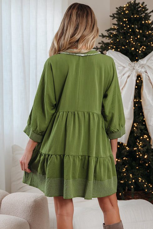 Western Stitched V Neck Tiered A Line Mini Dress