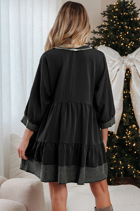Western Stitched V Neck Tiered A Line Mini Dress