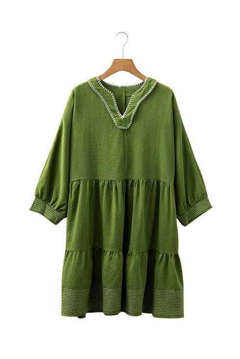 Western Stitched V Neck Tiered A Line Mini Dress