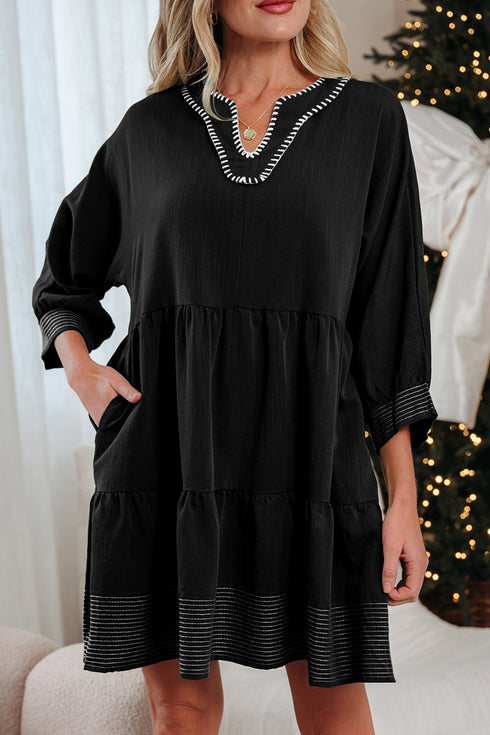 Western Stitched V Neck Tiered A Line Mini Dress