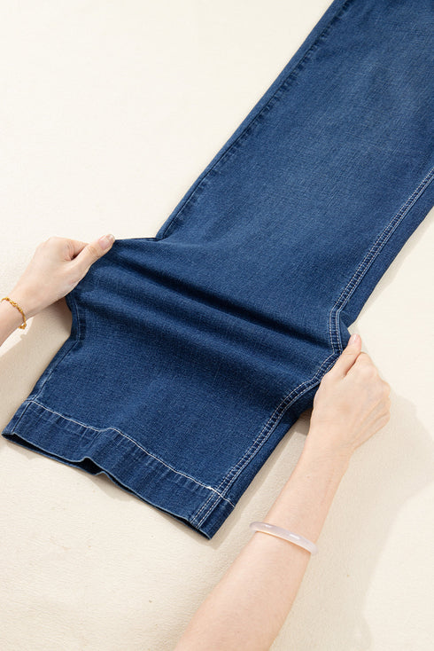 Western Stitched Waist Loose Cuffed Wide Leg Jeans