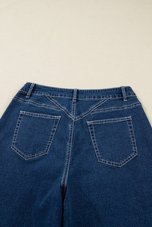 Western Stitched Waist Loose Cuffed Wide Leg Jeans