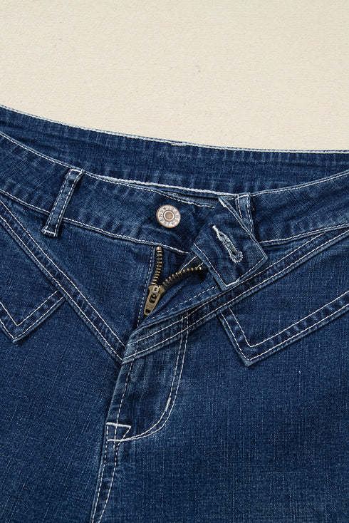 Western Stitched Waist Loose Cuffed Wide Leg Jeans