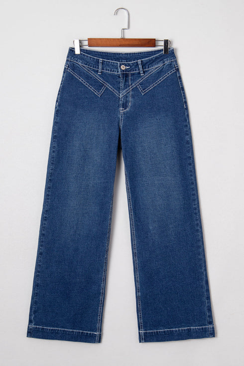 Western Stitched Waist Loose Cuffed Wide Leg Jeans