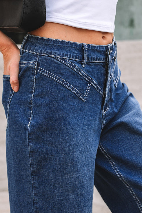 Western Stitched Waist Loose Cuffed Wide Leg Jeans