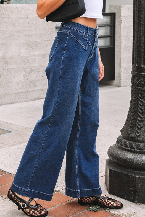 Western Stitched Waist Loose Cuffed Wide Leg Jeans