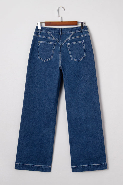 Western Stitched Waist Loose Cuffed Wide Leg Jeans
