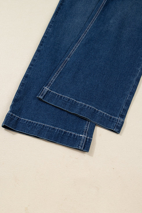 Western Stitched Waist Loose Cuffed Wide Leg Jeans