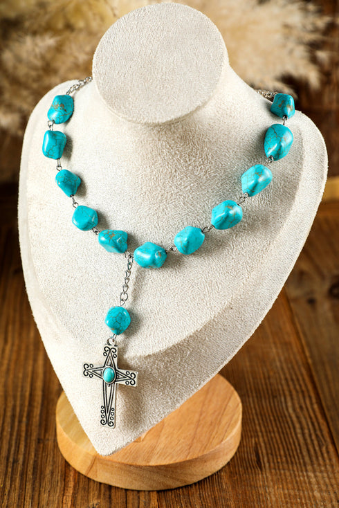 Western Stone Cross Pendant Beaded Statement Necklace