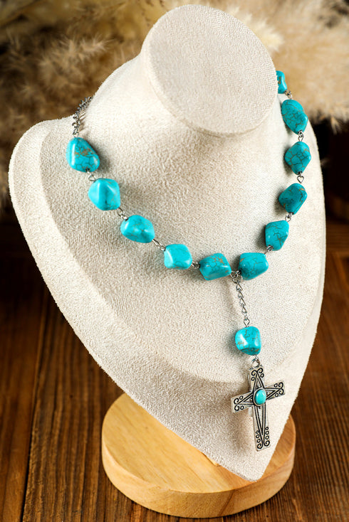 Western Stone Cross Pendant Beaded Statement Necklace