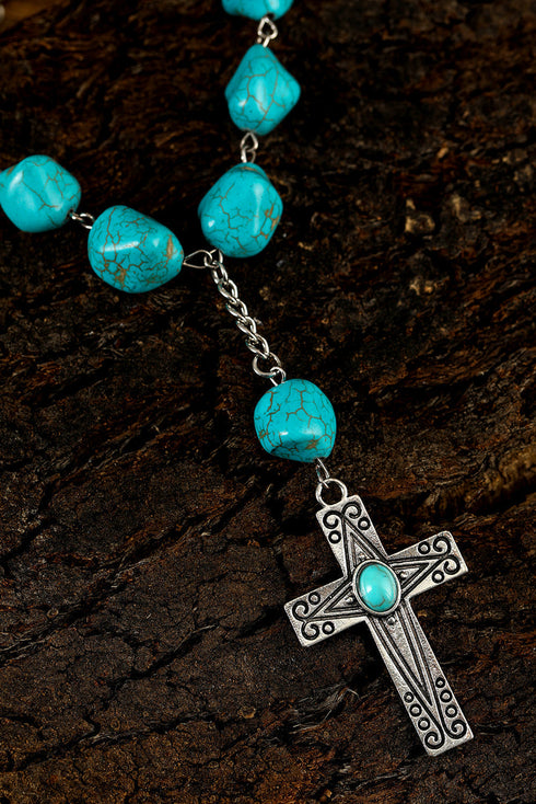 Western Stone Cross Pendant Beaded Statement Necklace