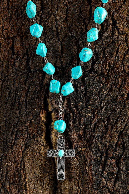 Western Stone Cross Pendant Beaded Statement Necklace