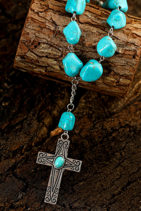 Western Stone Cross Pendant Beaded Statement Necklace