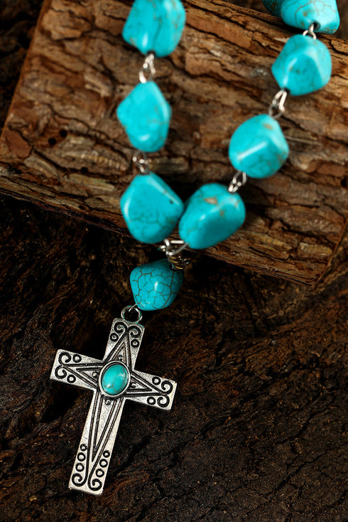 Western Stone Cross Pendant Beaded Statement Necklace