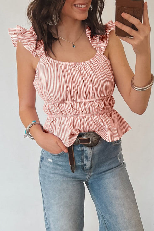 Western Stripe Ruffle Trim Cinched Waist U Neck Tank Top