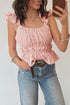 Western Stripe Ruffle Trim Cinched Waist U Neck Tank Top