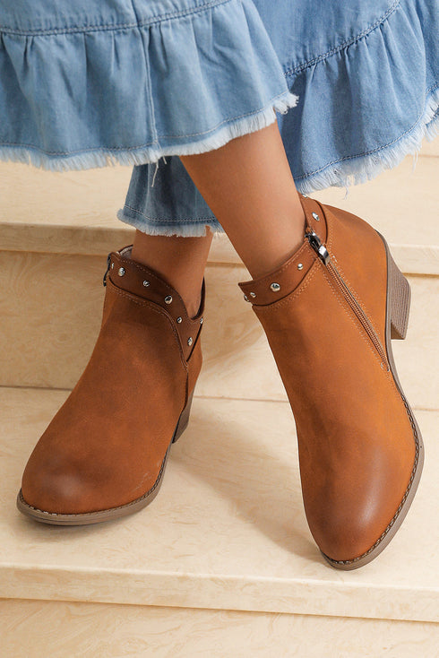 Western Studded Faux Leather Chunky Heel Ankle Boots