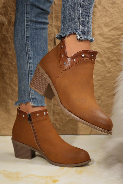 Western Studded Faux Leather Chunky Heel Ankle Boots