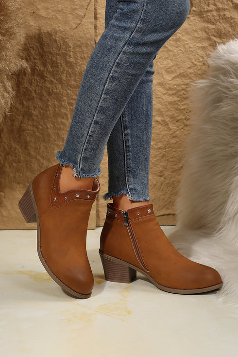 Western Studded Faux Leather Chunky Heel Ankle Boots