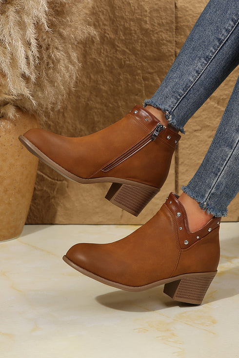 Western Studded Faux Leather Chunky Heel Ankle Boots