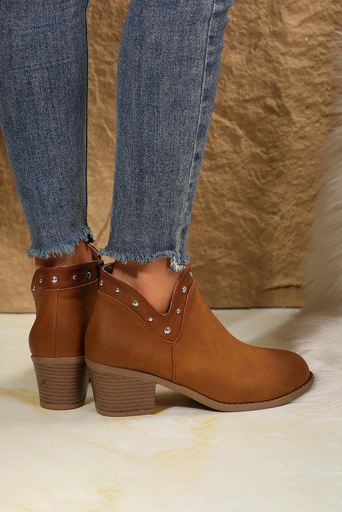Western Studded Faux Leather Chunky Heel Ankle Boots