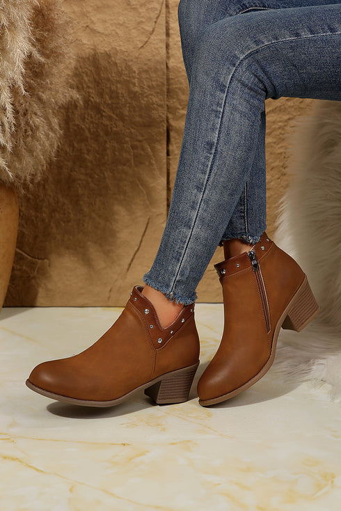Western Studded Faux Leather Chunky Heel Ankle Boots