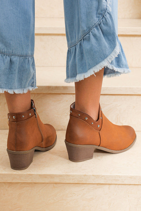 Western Studded Faux Leather Chunky Heel Ankle Boots
