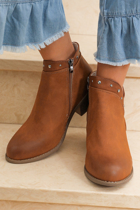 Western Studded Faux Leather Chunky Heel Ankle Boots