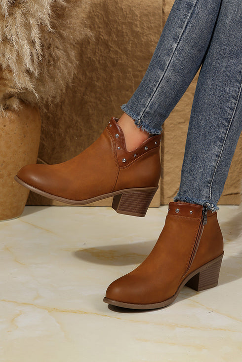 Western Studded Faux Leather Chunky Heel Ankle Boots
