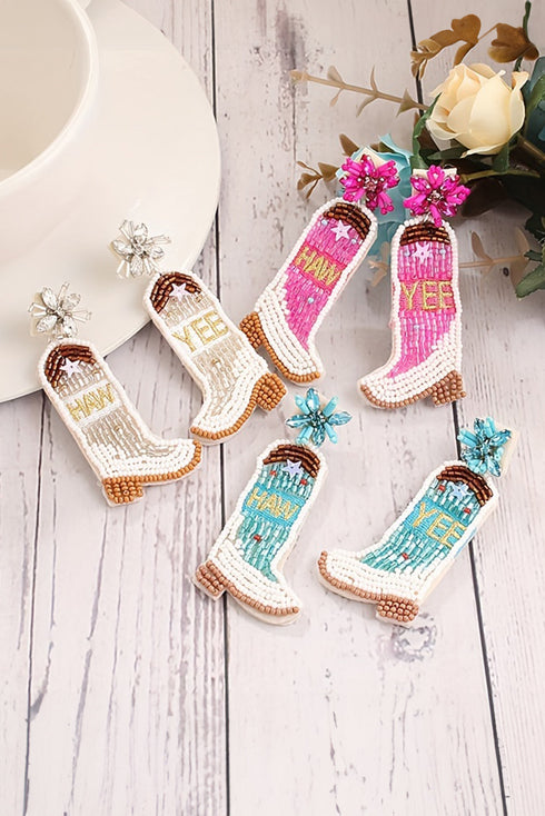 Western Style Beaded Cowboy Boot Drop Earrings
