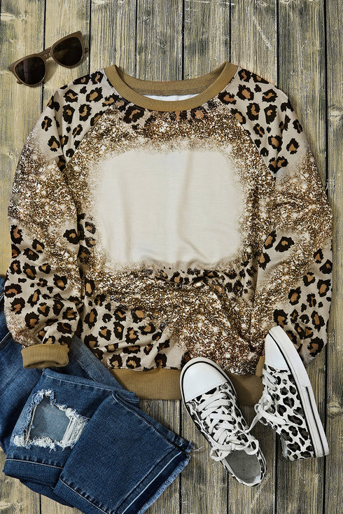 Western Style Bleached Leopard Print Long Sleeve Top