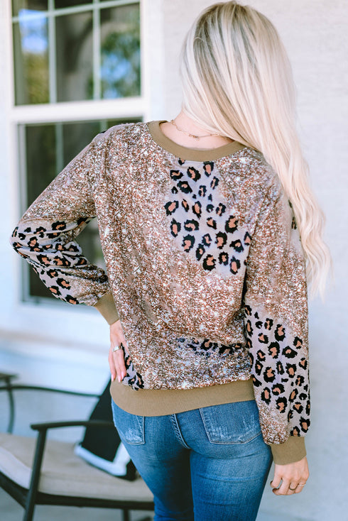 Western Style Bleached Leopard Print Long Sleeve Top