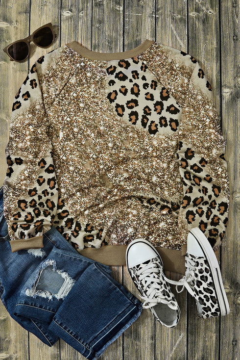 Western Style Bleached Leopard Print Long Sleeve Top