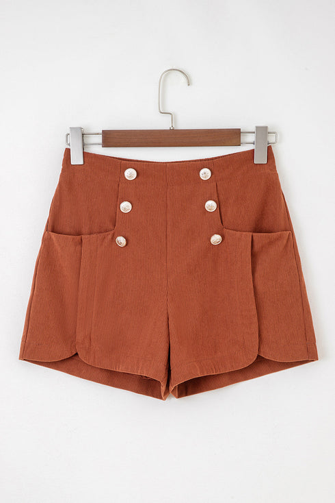 Western Style Button Decor Scalloped Edge Corduroy Shorts