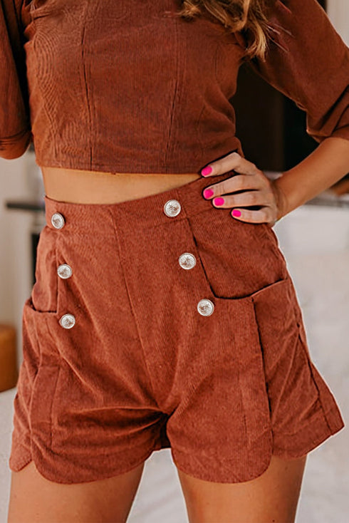 Western Style Button Decor Scalloped Edge Corduroy Shorts