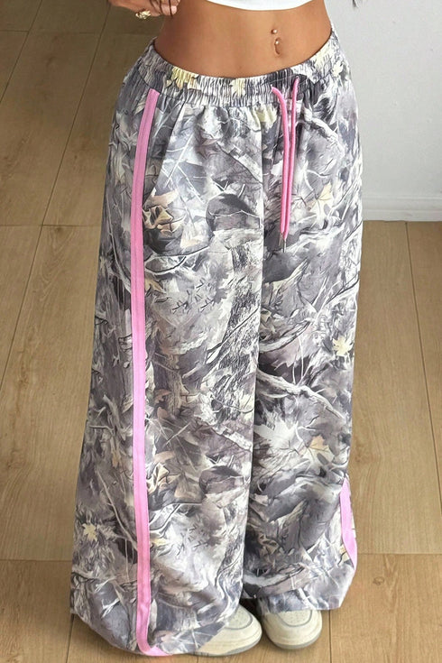 Western Style Camouflage Print Drawstring Wide Leg Sweatpants