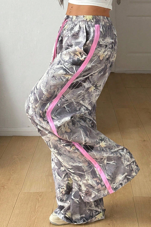 Western Style Camouflage Print Drawstring Wide Leg Sweatpants