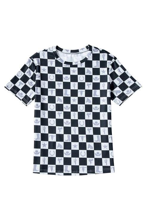 Western Style Checkerboard Print Relaxed Side Split T Shirt