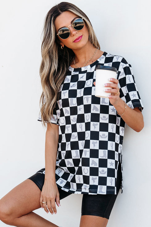 Western Style Checkerboard Print Relaxed Side Split T Shirt
