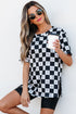 Western Style Checkerboard Print Relaxed Side Split T Shirt