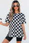 Western Style Checkerboard Print Relaxed Side Split T Shirt