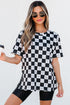 Western Style Checkerboard Print Relaxed Side Split T Shirt