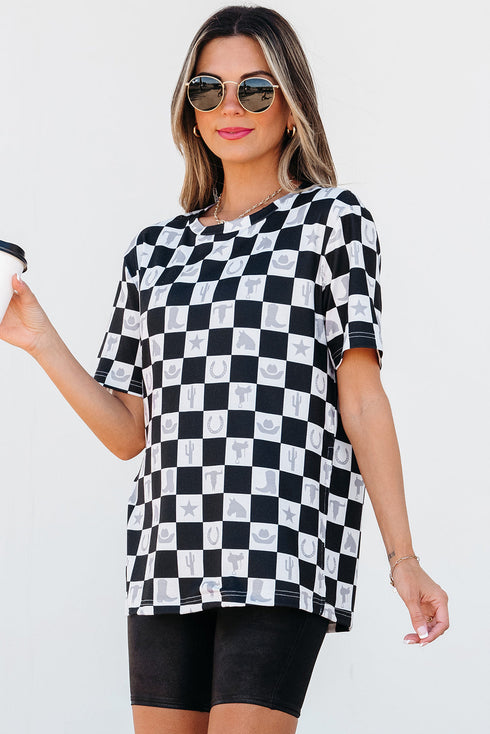 Western Style Checkerboard Print Relaxed Side Split T Shirt