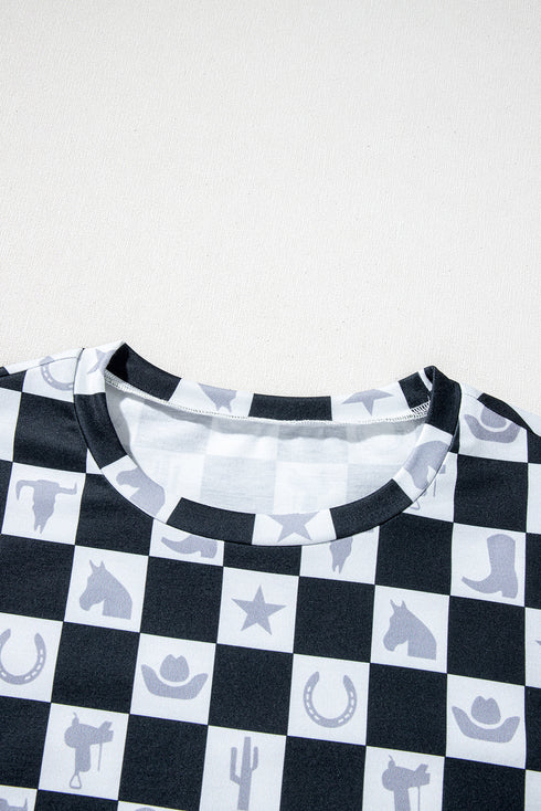 Western Style Checkerboard Print Relaxed Side Split T Shirt
