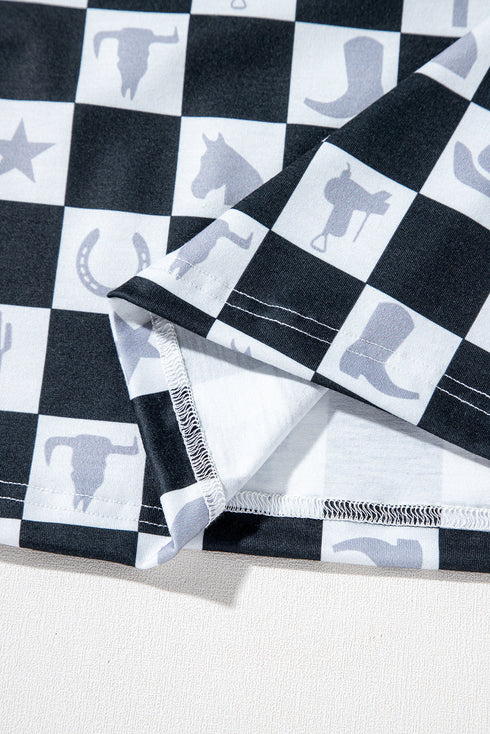 Western Style Checkerboard Print Relaxed Side Split T Shirt