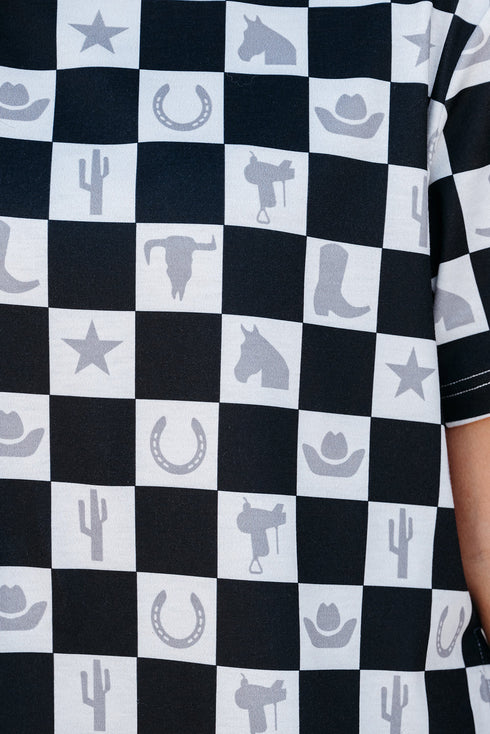 Western Style Checkerboard Print Relaxed Side Split T Shirt