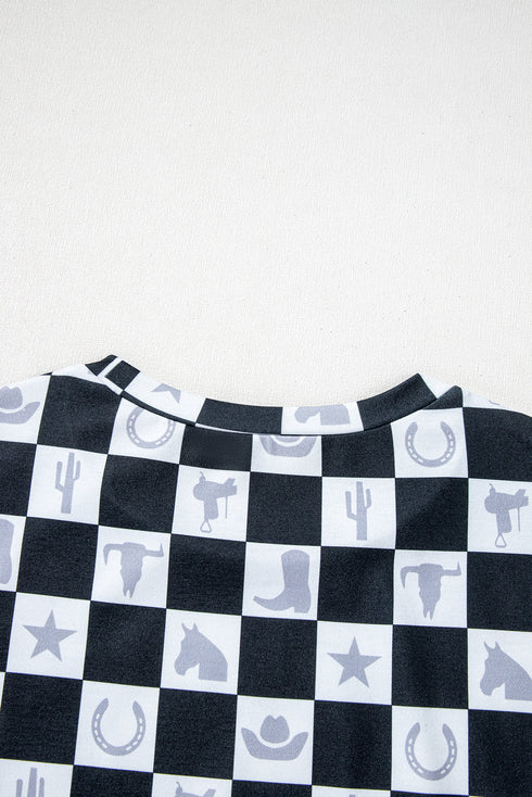 Western Style Checkerboard Print Relaxed Side Split T Shirt