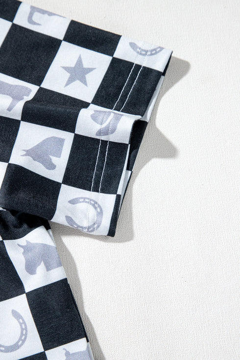 Western Style Checkerboard Print Relaxed Side Split T Shirt