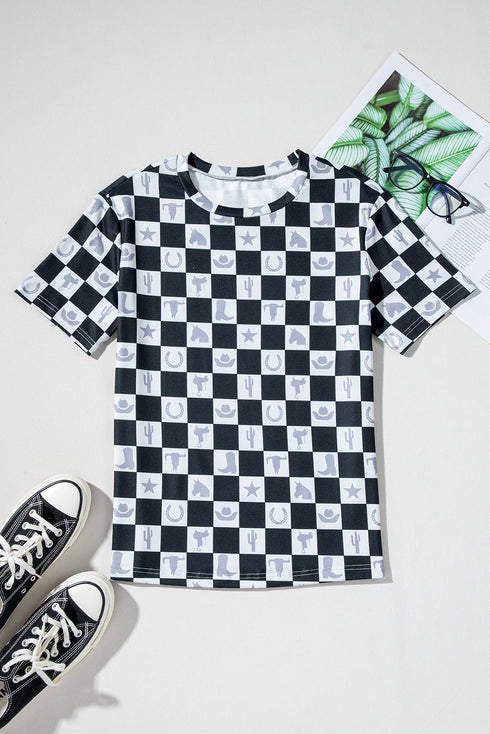 Western Style Checkerboard Print Relaxed Side Split T Shirt