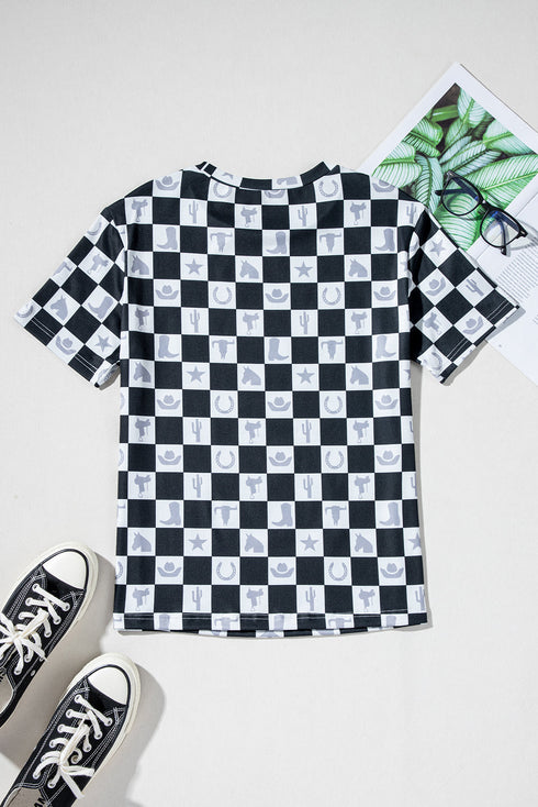 Western Style Checkerboard Print Relaxed Side Split T Shirt